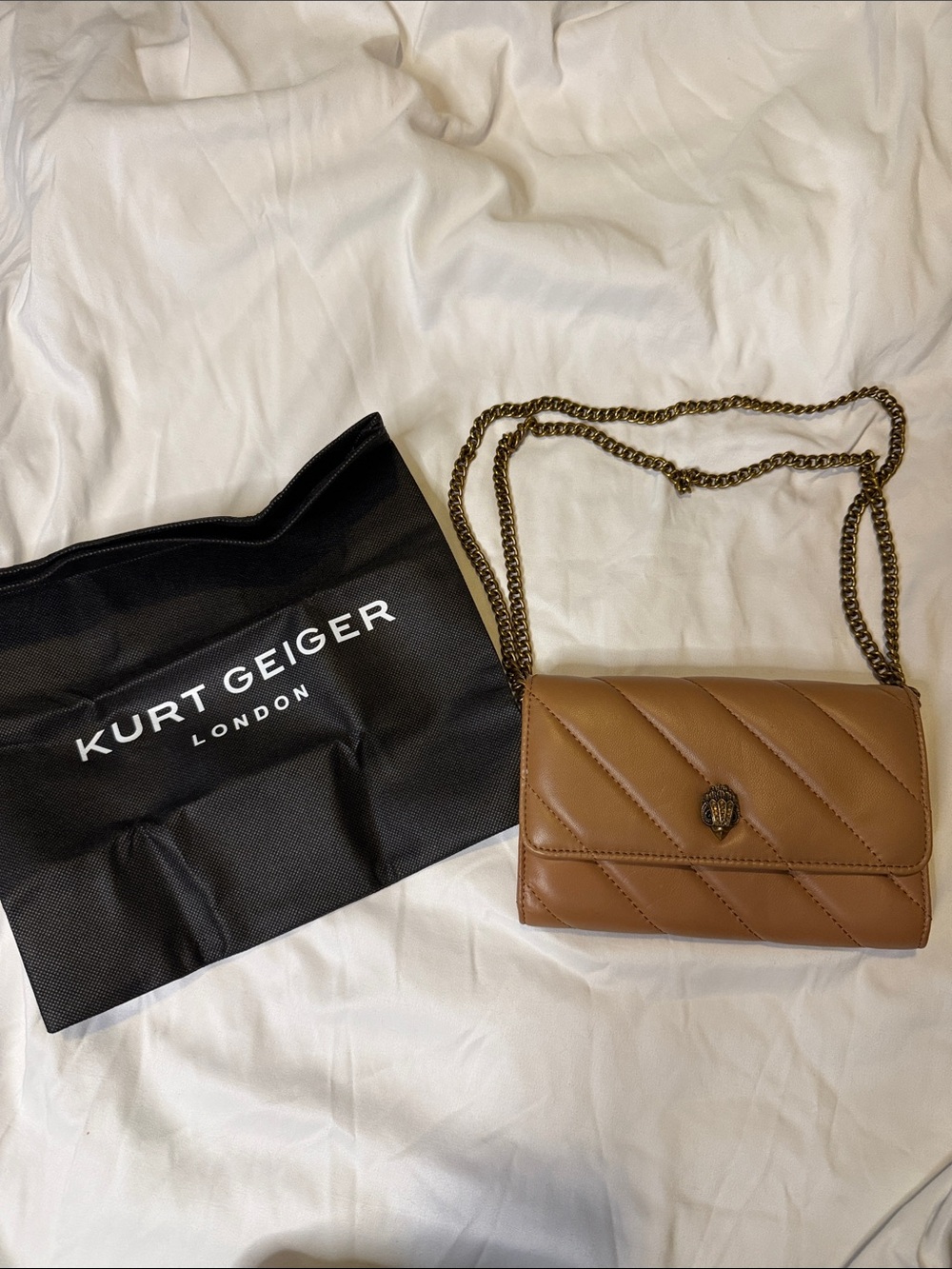 Kurt Geiger Brown Quilted Leather Crossbody with Chain Strap